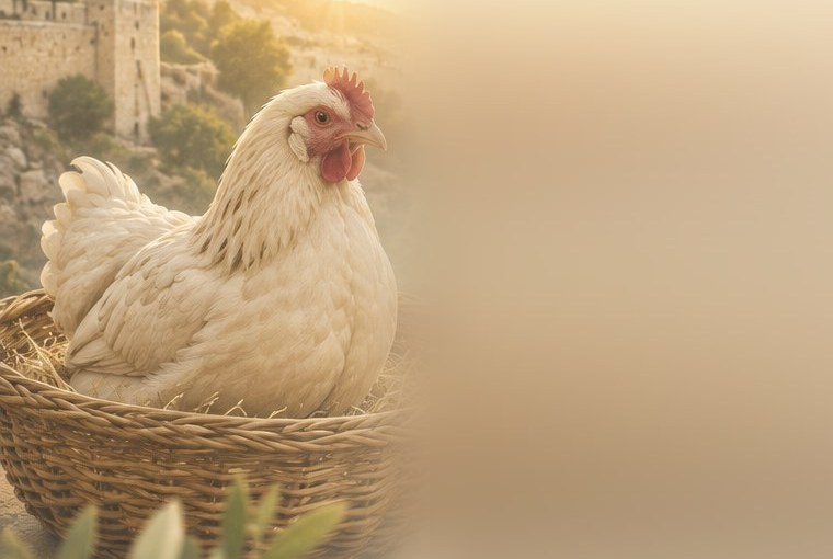 Une poule blanche dans un panier d’osier, devant Jérusalem au lever du soleil